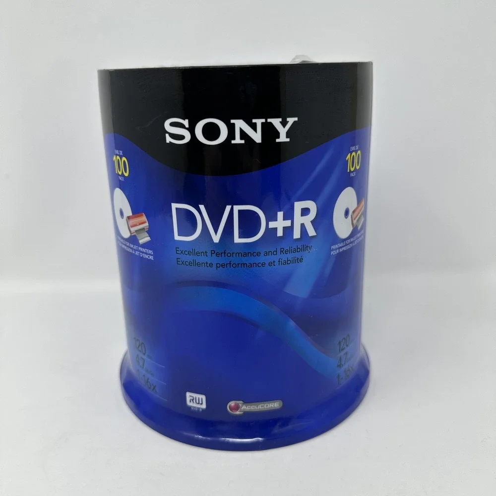 Sony DVD+R 100 Pack 4.7GB 120min 16x Printable‎ for Inkjet Printers AccuCORE New